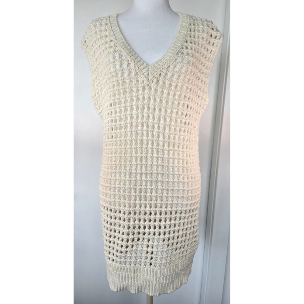 Moussy Crochet Oversize Vest Sweater Dress Midi V Neck Ivory Sz F Cotton Quiet L
